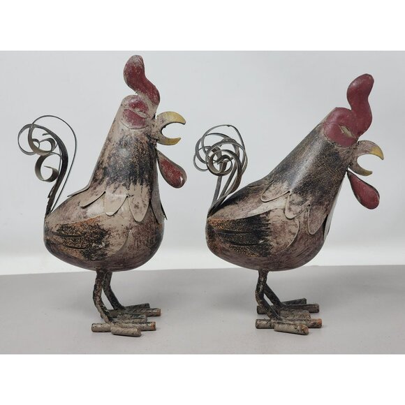 Vintage Rustic Metal Rooster Sculpture Set‎ Of 2 Decorative Farmhouse Décor - Picture 5 of 16